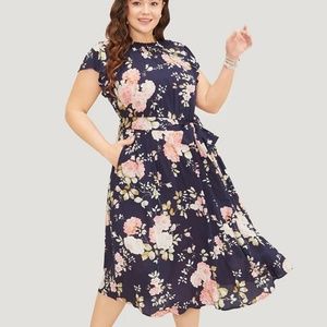 Bloomchic Floral Frill Trim Mock Neck Pocket Ruffle Belted Dress NWT (#021)
